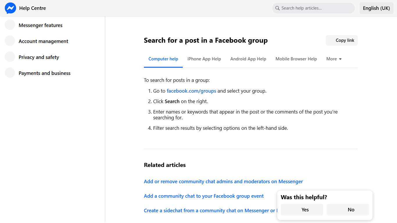 Search for a post in a Facebook group Messenger Help Centre